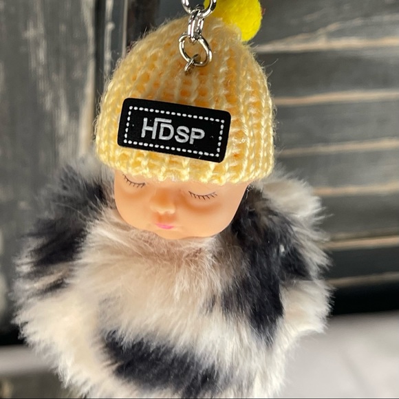 None Accessories - Pom Baby Keychain-Cream & Black w/Light Yellow Hat